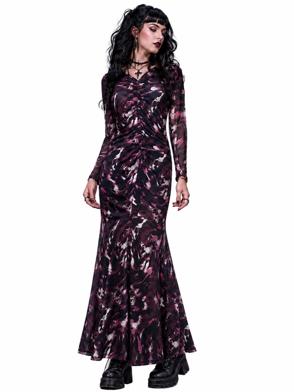 Loft Mesh Anstract Print ruched flattering maxi dress pink black